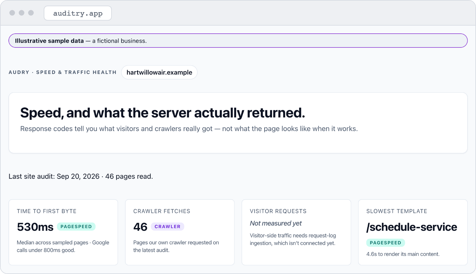 Illustrative sample data: Audry's Speed & Traffic Health screen for a fictional HVAC company — time to first byte, crawler fetches, visitor requests marked not measured yet, and the slowest-rendering page template.